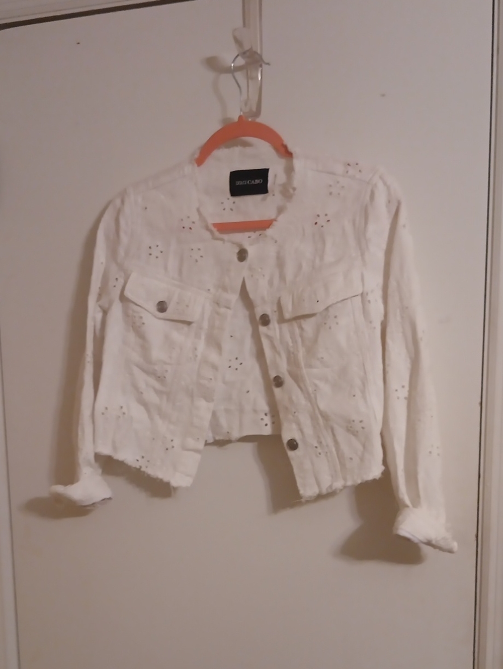 Dolce Cabo White Eyelet Cropped Jean Jacket